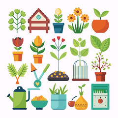 Colorful Gardening Tools and Plants Flat Design Illustration
