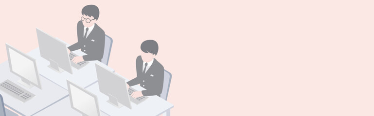 Isometric Office Desk Illustration. Businessmen Working on Laptops with Wide Copy Space