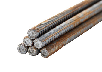 Stacked rebars with textured surfaces and rust, lying diagonally