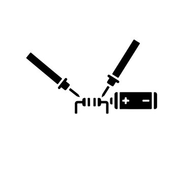 Action icon showing two multimeter probes testing an electronic component. Minimalist black and white vector illustration of a circuit measurement on a resistor or battery