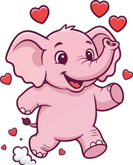 Obraz premium Cute Cartoon Pink Baby Elephant Walking Surrounded by Hearts