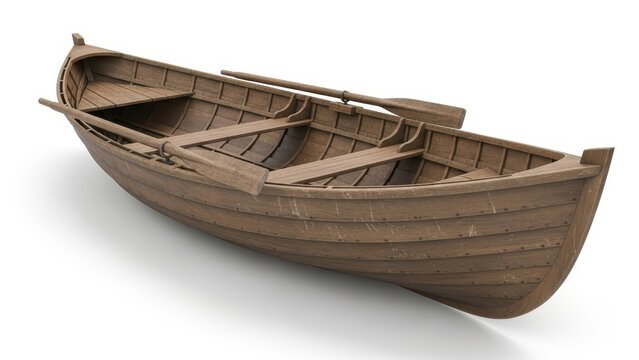 Detailed vintage wooden rowboat with oars on white background depicting classic nautical design and craftsmanship