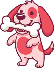 Fototapeta premium Cute cartoon puppy standing and holding a big dog bone