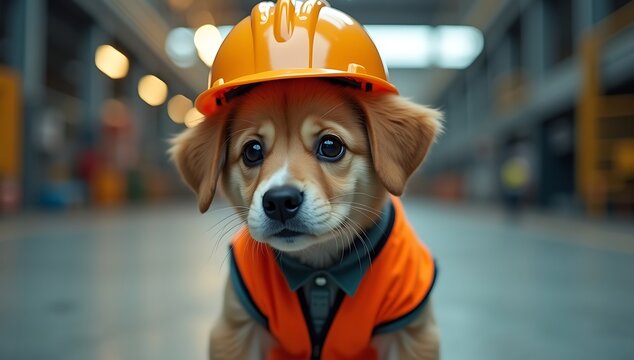 A young dog wearing a construction safety helmet and vest, standing alert in an industrial environment, realistic lighting, symbolizing preparedness, readiness, and responsibility before action, cinem