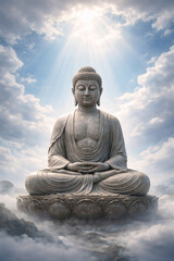 Obraz premium Stone statue of seated figure, serene face under heavenly light, floating amongst the clouds. Symbol of enlightenment and spiritual peace.
