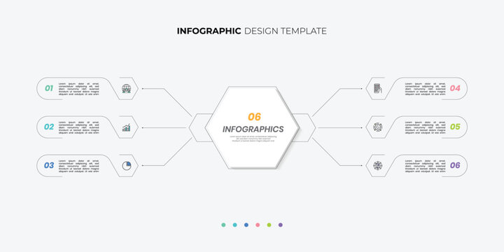Modern hexagon chart infographic template with 6 options for presentations. Infographic 6 diagram chart template for business 6, options, presentation with diagram elements, infographics