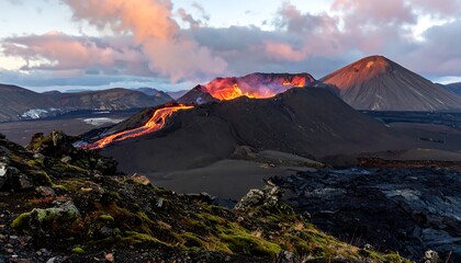 A dramatic scene of volcanic eruption, lava flowing amidst a rugged, rocky landscape under a vibrant sunset