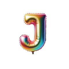 Holographic Foil Balloon Capital Letter J with Iridescent Rainbow Colors on White Background