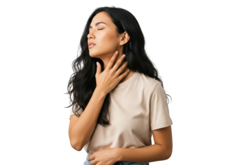 Young woman with sore throat isolated on transparent background, touching her neck