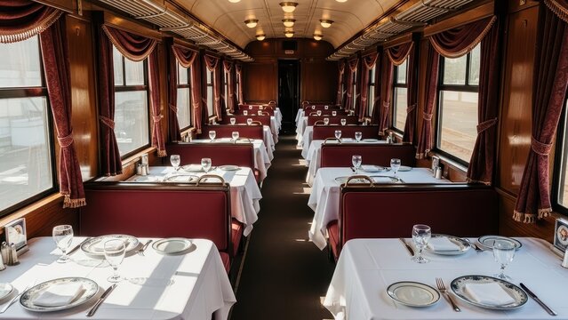 Luxurious vintage train dining car with elegant table settings and rich wooden interior for classic travel experience