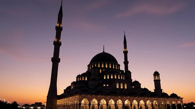 Silhouette of a simpel mosque with minarets at sunset during Ramadan, showcasing a serene and peaceful atmosphere.