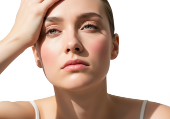 Close up portrait of a young woman isolated on transparent background, headache