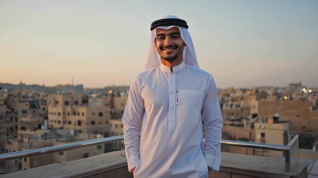 Young Muslim Man in Traditional Attire with Cityscape Stock Video for Ramadan