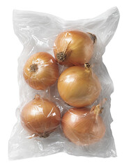 Five yellow onions packed in a clear plastic bag, top-down angle