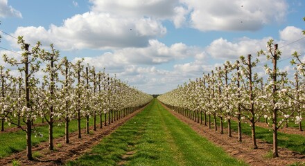 Fototapeta premium Blossoming orchard rows under a spring sky