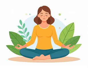 Woman meditating in lotus position surrounded by lush green leaves, serene illustration, yoga, nature, relaxation, peaceful environment, peaceful