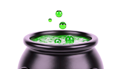Witch's Cauldron with Bubbling Green Potion and Floating Bubbles