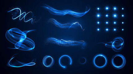 Blue neon light effects and glowing stars on dark background