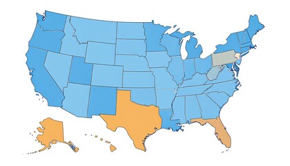 Fototapeta premium A map of the United States with various colored states
