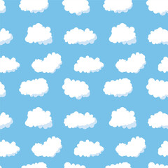 a seamless pattern of cloud set in flat style. Simple cloud shapes. Collection of white clouds. Fluffy white clouds, fluffy and cartoon cumulus clouds on blue sky. Sky objects clouds for the game.
