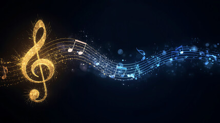 Golden and blue musical notes on dark background with sparkles and bokeh