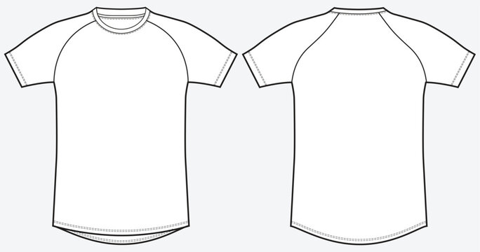 Raglan Short Sleeve Crew Neck T-Shirt Flat Sketch. Oversized Round Neck t-shirt Fashion Technical Drawing front and back Vector Template
