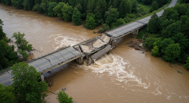 Collapsed bridge over flooded river after storm, showing environmental damage and infrastructure failure