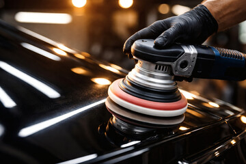 A gloved hand expertly uses a power buffer on a sleek, dark car. The buffer whirls to life, revitalizing the auto's surface, bringing out shine.