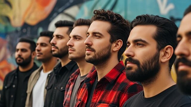 Diverse group of young men standing together in urban setting with graffiti wall.