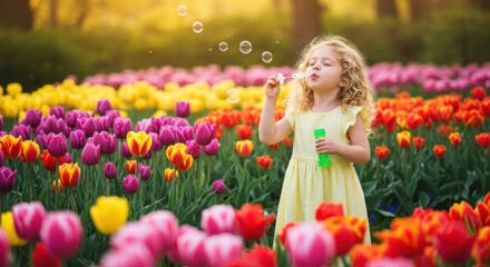 Naklejka premium Young girl blowing bubbles in a vibrant tulip field, sunny day, joyful scene.