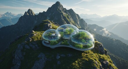 Futuristic mountain retreat glass domes nestled among rocky peaks and lush greenery