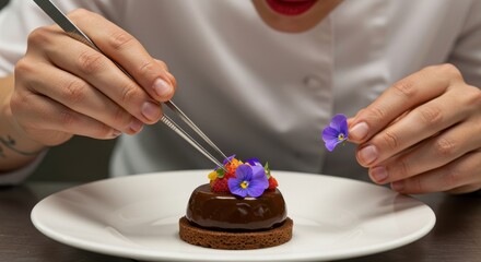 Expert chef arranging delicate edible flowers on exquisite chocolate dessert