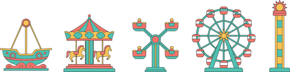 Amusement park rides icons set illustration featuring carousel, ferris wheel, swing ride, drop tower, and carnival attractions in colorful flat design