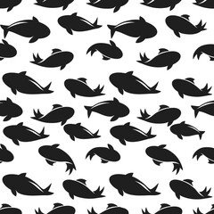 Pattern of Black Silhouetted Fish on White Background for Marine Seafood or Nature Design