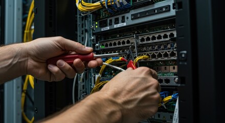 Technician repairing server rack with tools, focus on network cables and hardware