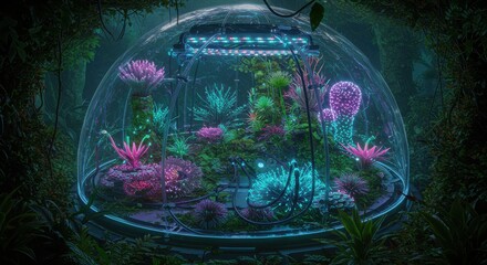 Glowing flora inside a geodesic dome, surrounded by jungle foliage, futuristic terrarium