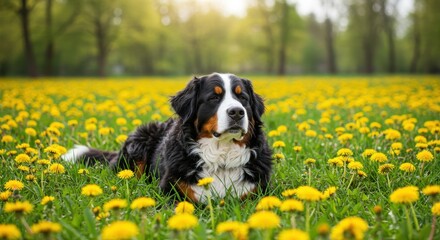 Bernese mountain dog resting in a dandelion meadow on a sunny day