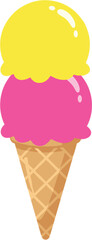 Cartoon ice cream cone illustration, flat vector illustration, pink and yellow scoops, waffle cone, dessert, summer, sweet, glossy, fun
