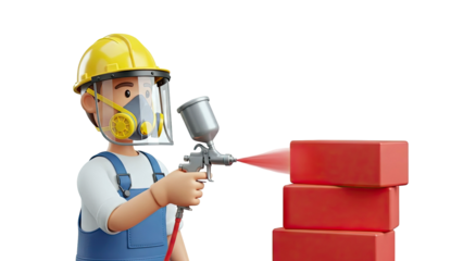 Cartoon Worker Spray Painting Red Bricks