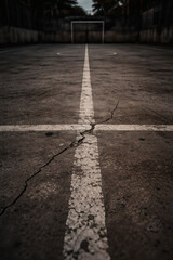 A weathered concrete sports field marked with faded white lines leading towards a goal, showing age and use. A crack in the surface adds character.