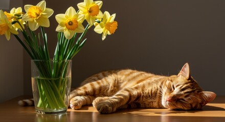 Golden cat napping beside daffodils in soft sunlight, peaceful springtime scene