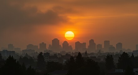 Fototapeta premium Golden sunset over city skyline with hazy atmosphere and silhouetted trees