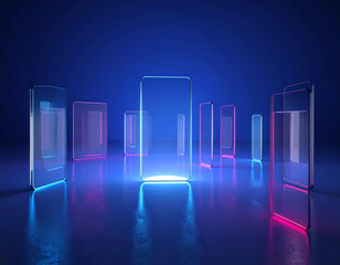 Transparent glass screen mockups with neon blue and magenta glowing edges. Reflective dark studio floor background. Future mobile technology, spatial computing interface, and digital connectivity.
