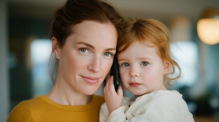 Multitasking mother balancing work calls and childcare, divided attention expressing dedication, stress, and resilience in daily routine. cinematic color correction, natural uneven lighting yet