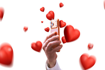 Hand holding smartphone surrounded by floating red hearts on white background. Concept of social media likes, online dating, love messages, digital emotions and romantic communication in mobile app.