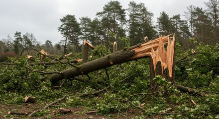 Fallen tree amidst forest debris after storm