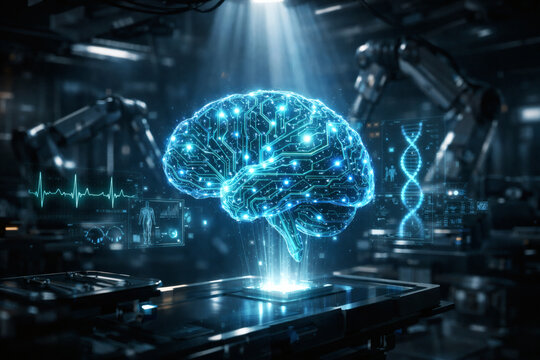 Futuristic holographic brain with circuit patterns, shining brightly in a hi-tech laboratory setting, embodying concepts of AI and neuroscience.