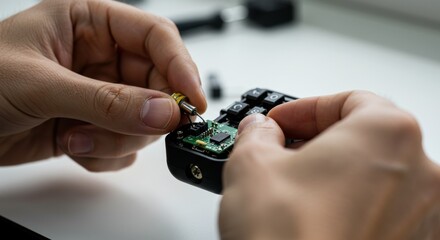 Close-up of hands assembling electronic device with detailed components