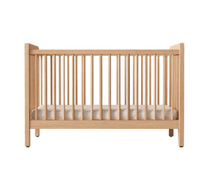Simple light wood baby crib with mattress on a black background