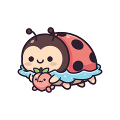 Adorable Ladybug Holding a Strawberry Vector Illustration